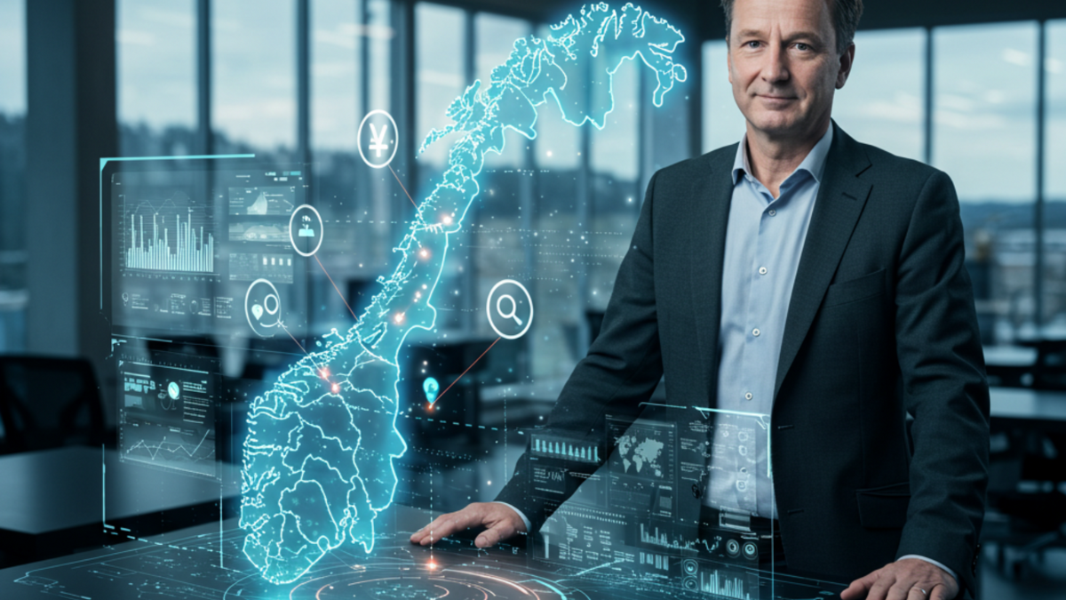 Forretningsmann i dress demonstrerer AI-drevet lokal SEO-strategi med digitalt kart over Norge på et futuristisk bord i et moderne kontor.