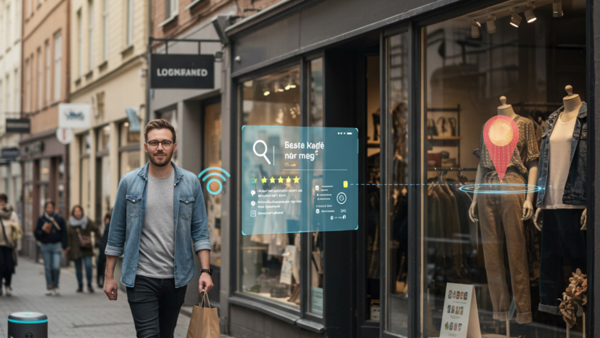 Mann som går i handlegate med shoppingpose mens han ser på AR-skjerm med lokal søkeresultat for kafeer.
