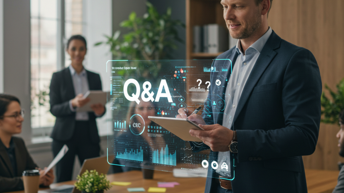 En forretningsmann holder en nettbrett og analyserer AI-drevet innsikt i et profesjonelt møte, med en holografisk skjerm som viser "Q&A" og dataanalyser.