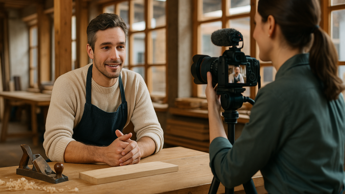 Kvinnelig videograf filmer mannlig håndverker i lyst norsk verksted med treverk, store vinduer og naturlig lys.