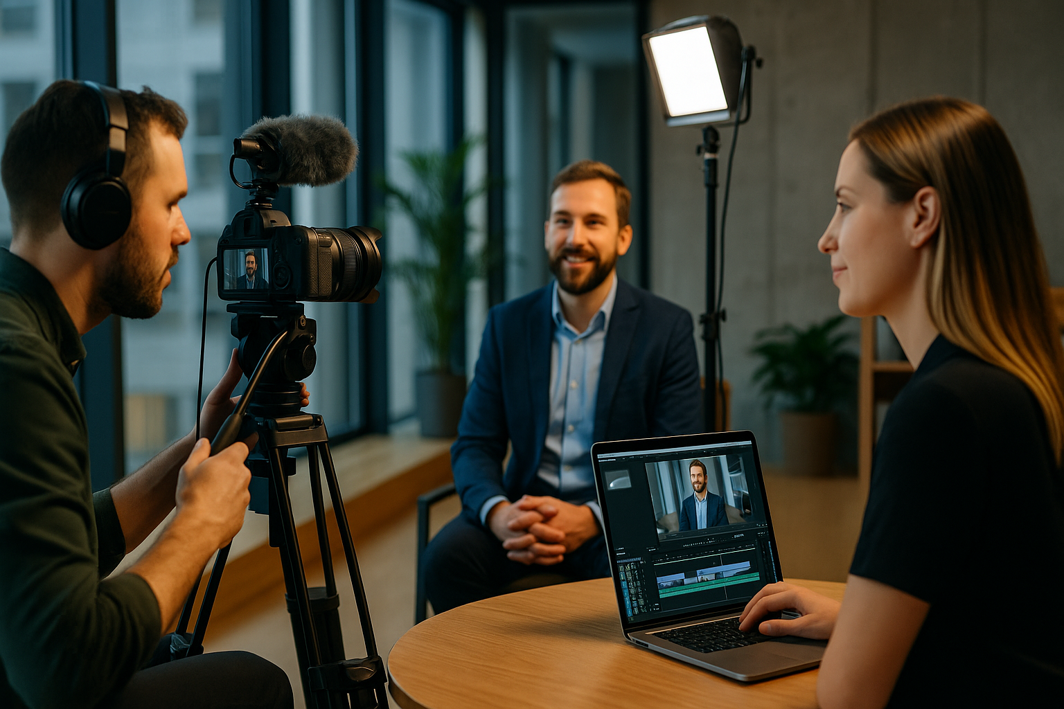 Videograf filmer bedriftsleder i ekte lokasjon med profesjonelt utstyr og produksjonsteam, klar for redigering og distribusjon.