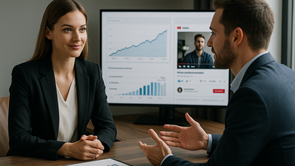 Kvinne og mann i profesjonell samtale om videodistribusjon, med skjerm som viser engasjementsanalyse og YouTube-innhold i bakgrunnen.