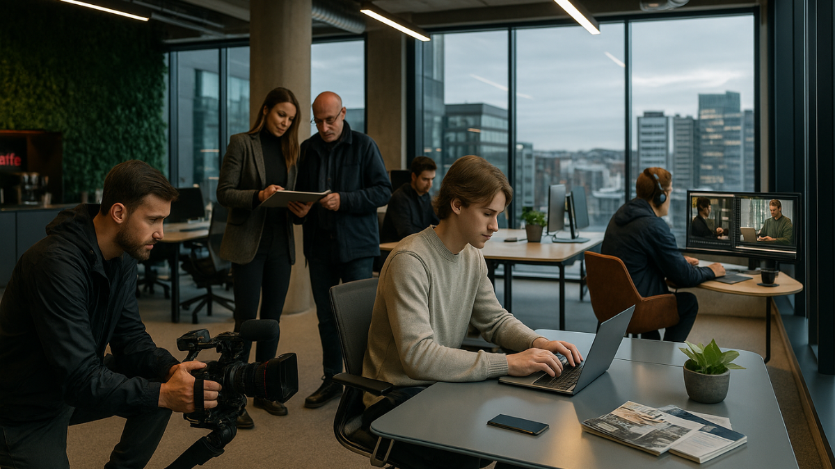 Diskré videoproduksjon i et norsk teknologikontor med team i arbeid, ekte scener fanget med naturlig lys og moderne utstyr