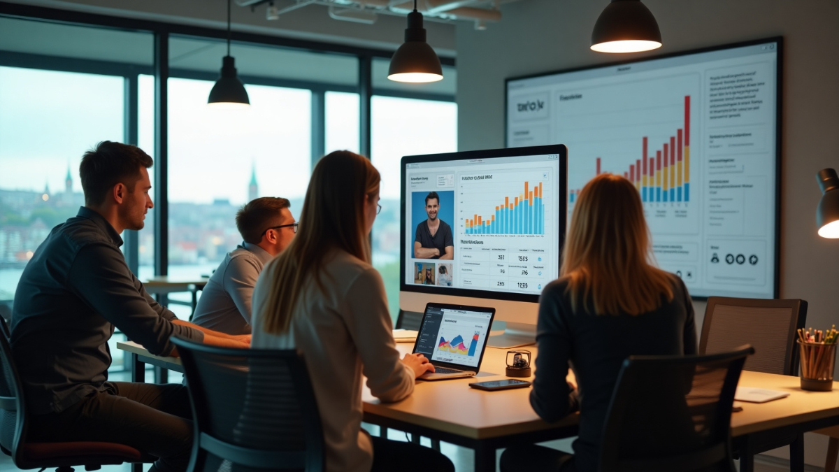 Team ser på resultater av sosial video markedsføring på skjerm i moderne kontor.