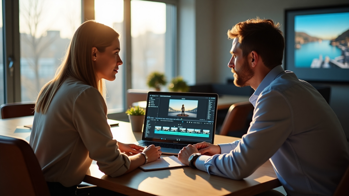 Profesjonell videoevaluering i møte – to kollegaer diskuterer strategisk videoinnhold med videoredigering på skjermen, klart for lansering i det norske markedet.