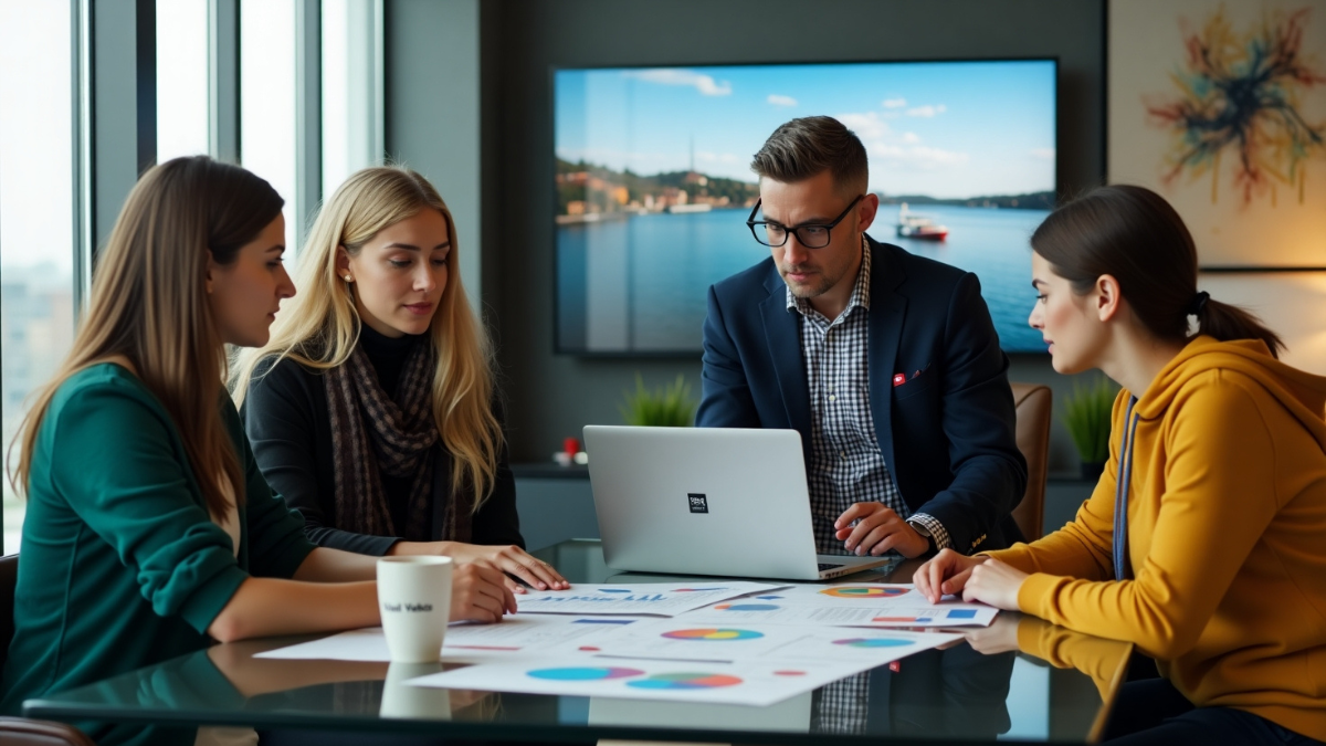 Norsk forretningsteam diskuterer videostrategi rundt et møtebord med analyser og diagrammer – illustrerer behovet som startet reisen mot ekspertise i visuell historiefortelling.