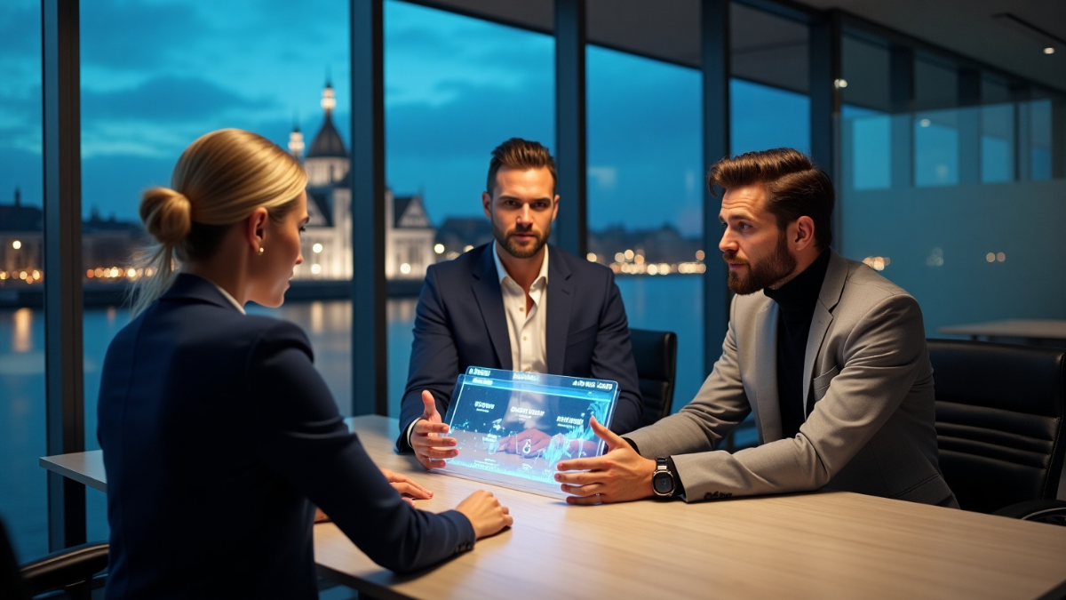 Tre profesjonelle bedriftsledere i møte ved et moderne kontorbord med utsikt over en norsk fjord og katedral, diskuterer sosial videostrategi med en futuristisk hologramskjerm.