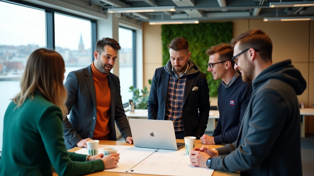 Strategisk videomøte i moderne kontor mellom norske fagpersoner – illustrerer samarbeid og datadrevet videostrategi med fokus på forretningsmål og kvalitet.